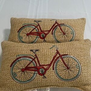 Woven Bicycle Accent Pillow Pair - Red & Teal Bike Motif